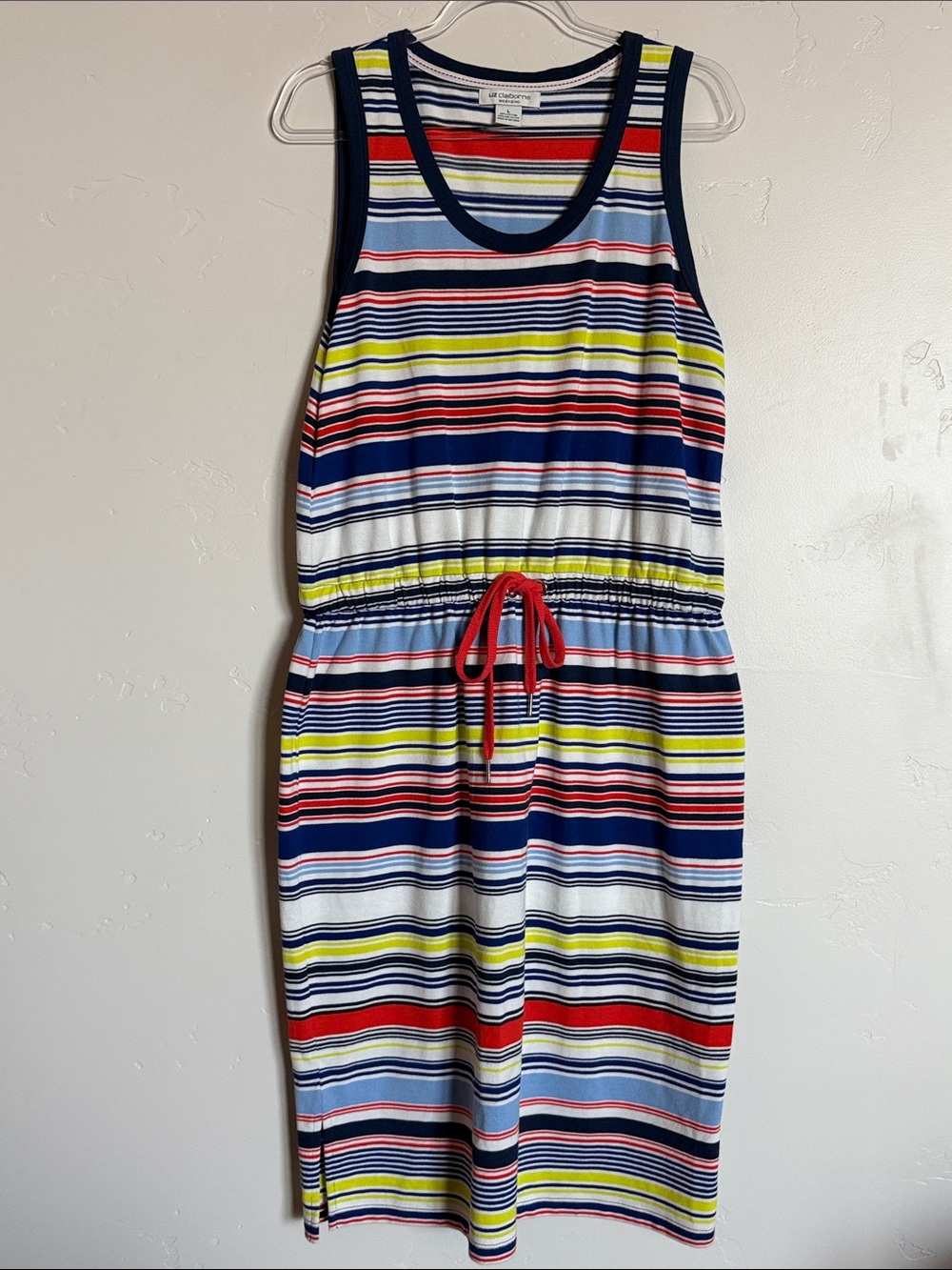 Liz Claiborne Striped Midi Dress Cotton Blend Weekend Dress •Drawstring Waist!
